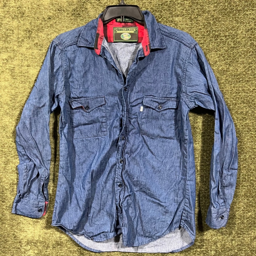 Sutter Creek Levi Strauss Shirt Mens Large Blue Denim Flannel Trim Button Down